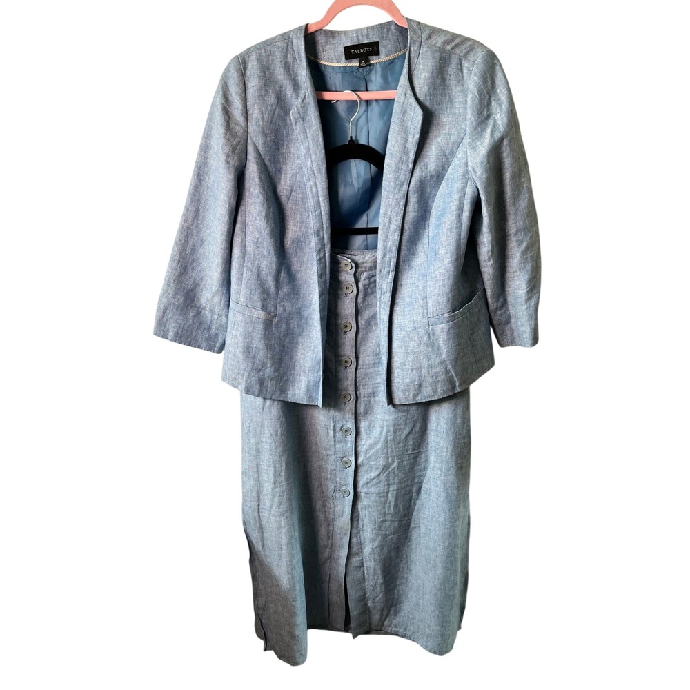 Talbots Womens Blue 100% Linen Skirt Suit Blazer 14 Skirt 12 2 Piece Set